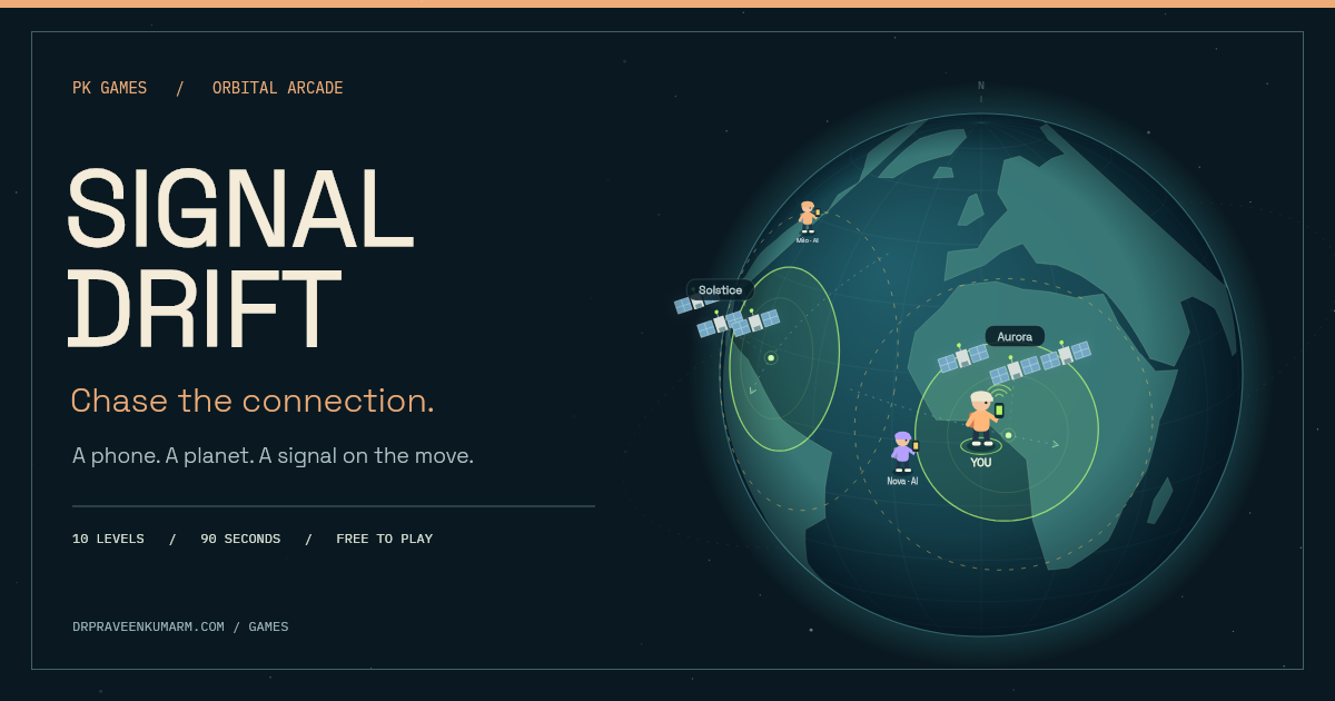 Signal Drift: an orange runner chasing satellite coverage on a blue-green globe